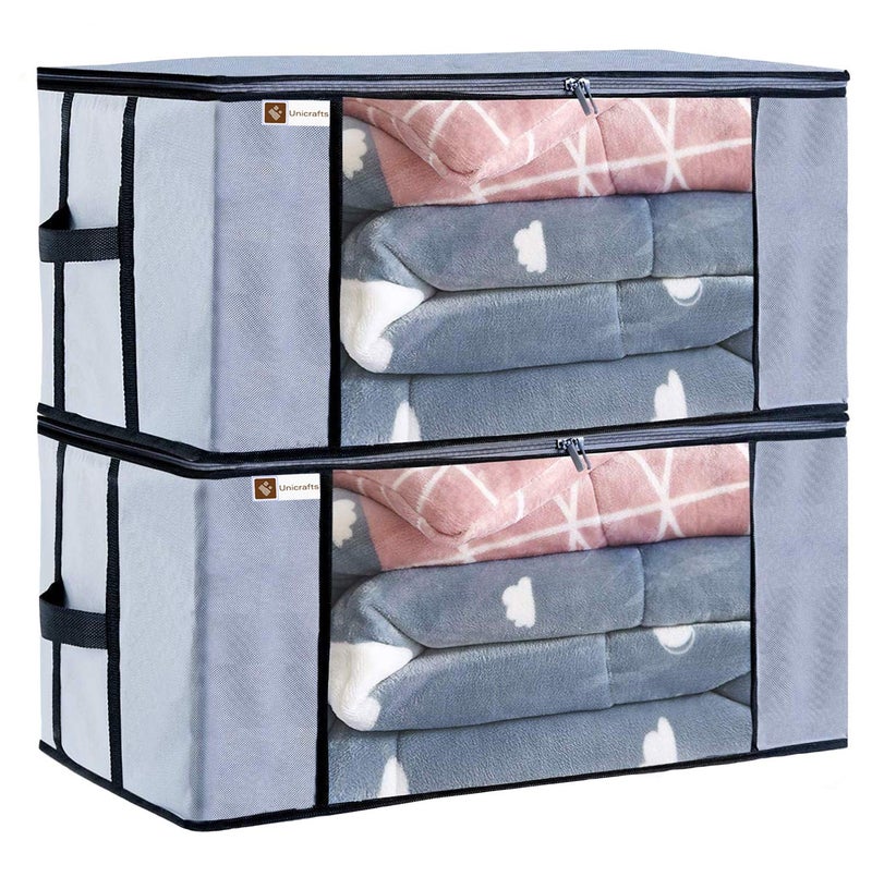 Unicrafts Rectangular Underbed Blanket Storage Bag for Wardrobe Organizer Blanket Cover with a large Transparent Window and Side Handles Pack of 2 Pieces Grey Standard size - Image 1