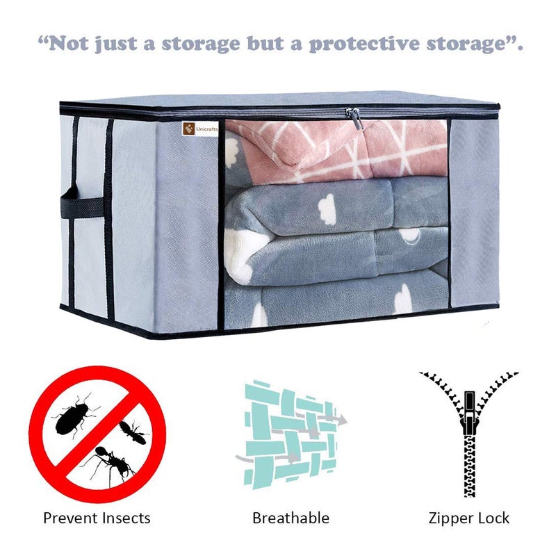 Unicrafts Rectangular Underbed Blanket Storage Bag for Wardrobe Organizer Blanket Cover with a large Transparent Window and Side Handles Pack of 2 Pieces Grey Standard size - Image 3