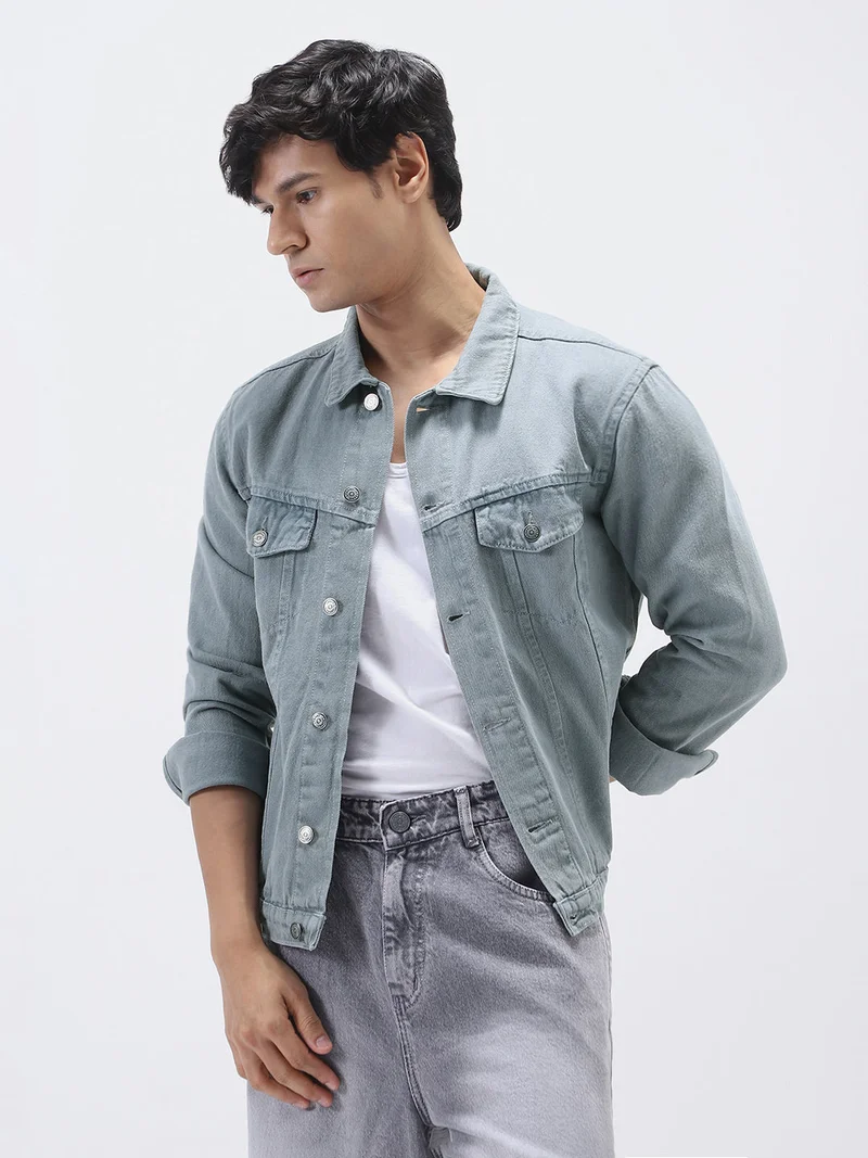 Urbano Fashion  Urbano Fashion Men's Light Grey Solid Regular Fit Washed Full Sleeve Denim Jacket for Men | Best Price UAE