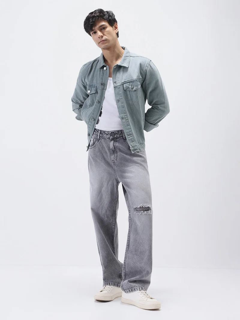Urbano Fashion  Urbano Fashion Men's Light Grey Solid Regular Fit Washed Full Sleeve Denim Jacket for Men | Best Price UAE
