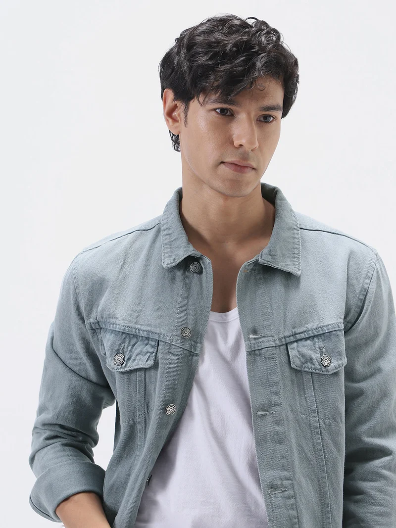 Urbano Fashion  Urbano Fashion Men's Light Grey Solid Regular Fit Washed Full Sleeve Denim Jacket for Men | Best Price UAE