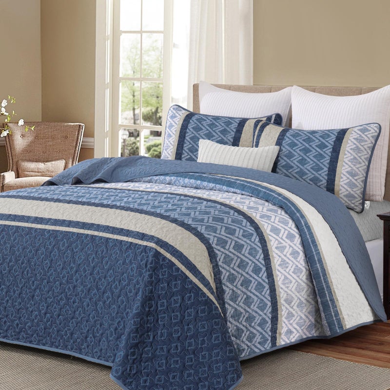 Dinjoy King Size Quilt Set Boho, Soft Striped Bedspreads Blue Quilts Bedding Sets 3 Pieces Lightweight Quilted Coverlets Set Fall Bed for All Seasons 110"x90" - Image 1