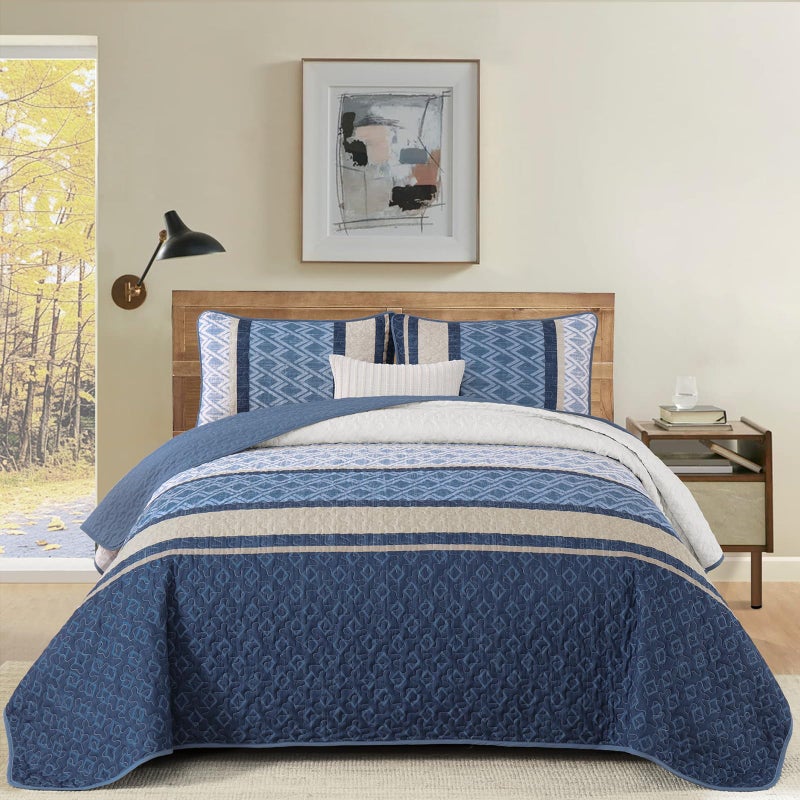 Dinjoy King Size Quilt Set Boho, Soft Striped Bedspreads Blue Quilts Bedding Sets 3 Pieces Lightweight Quilted Coverlets Set Fall Bed for All Seasons 110"x90" - Image 3