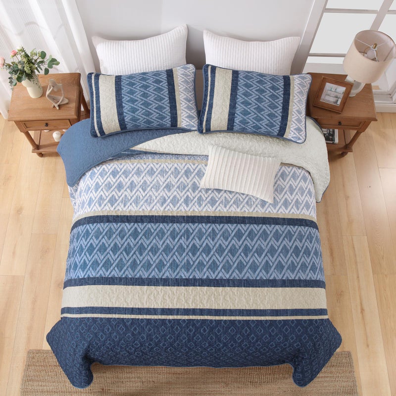 Dinjoy King Size Quilt Set Boho, Soft Striped Bedspreads Blue Quilts Bedding Sets 3 Pieces Lightweight Quilted Coverlets Set Fall Bed for All Seasons 110"x90" - Image 4