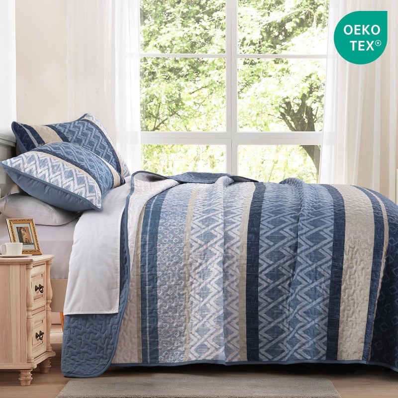 Dinjoy King Size Quilt Set Boho, Soft Striped Bedspreads Blue Quilts Bedding Sets 3 Pieces Lightweight Quilted Coverlets Set Fall Bed for All Seasons 110"x90" - Image 2