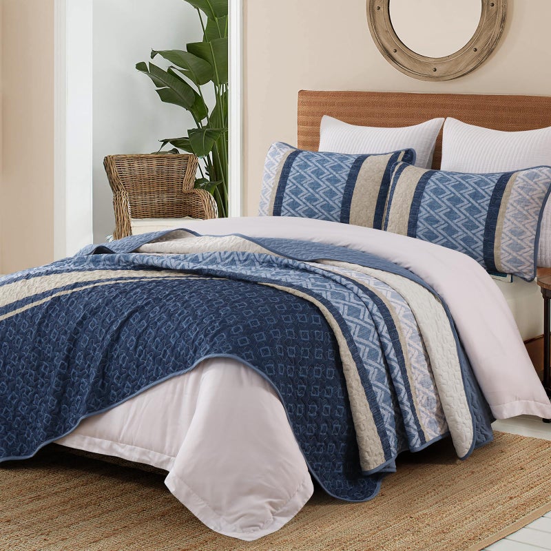 Dinjoy King Size Quilt Set Boho, Soft Striped Bedspreads Blue Quilts Bedding Sets 3 Pieces Lightweight Quilted Coverlets Set Fall Bed for All Seasons 110"x90" - Image 5