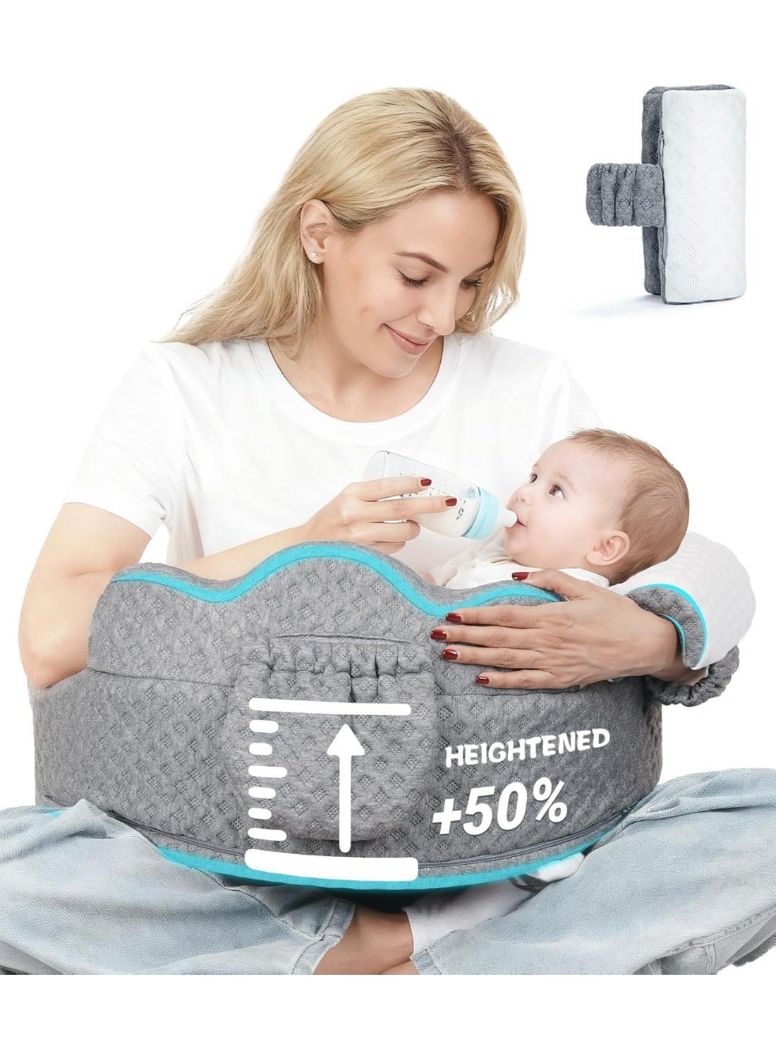 LBMT Elevated Nursing Pillow with Arm Pillow, Ergonomic Safety Memory Foam Breastfeeding Pillow, Adjustable Strap, Wider Cushion, Removable Cover & Side Pocket for Breastfeeding & Bottle Feeding