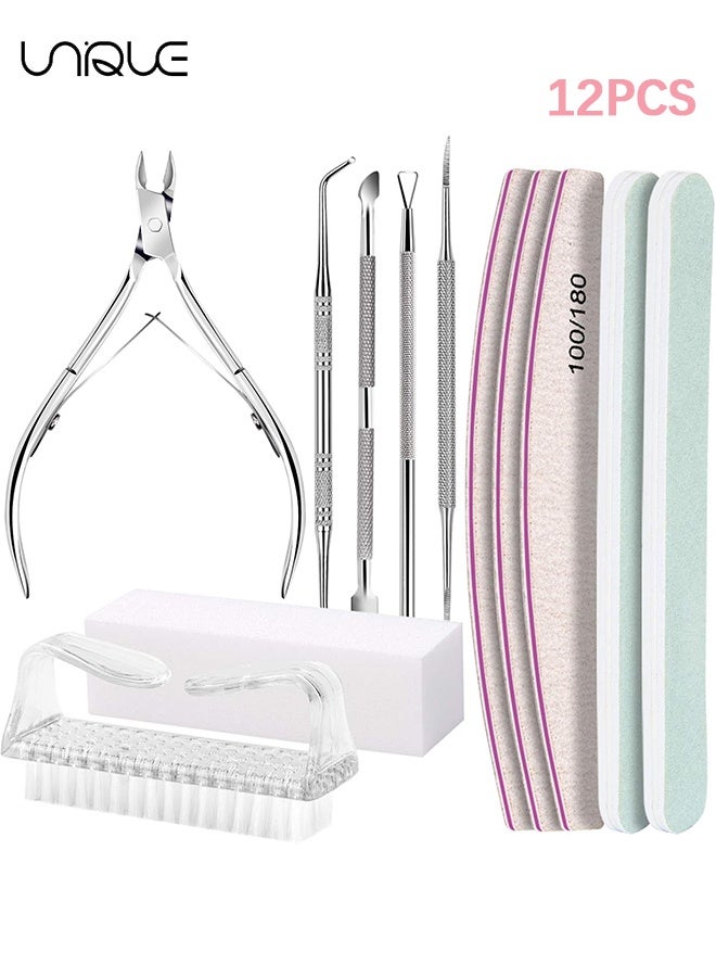 Unique 12Pcs Manicure Kit, Nail Files 100/180, Cuticle Nippers, Nail Buffer Block, Cuticle Pusher, Cuticle Peeler, Ingrown Toenail Tool, Toenail File, Nail Care Kit, Nail Tools for Manicure, White - Image 1