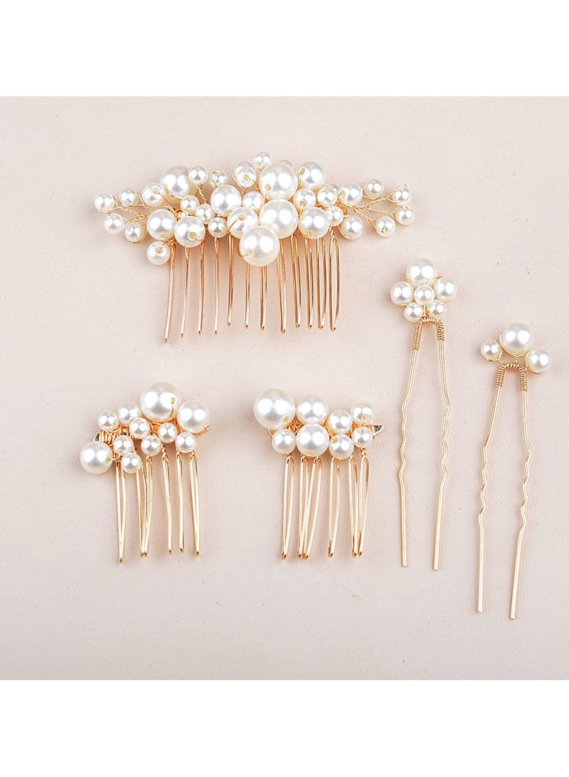 Vintage Baroque Big Pearl Hair Fork Bridal Hairpin Hair Comb Hair Plug European Style Design Wedding Headwear Hair Accessories Set,3 hairpins +2 hairpins,Gold - Image 2