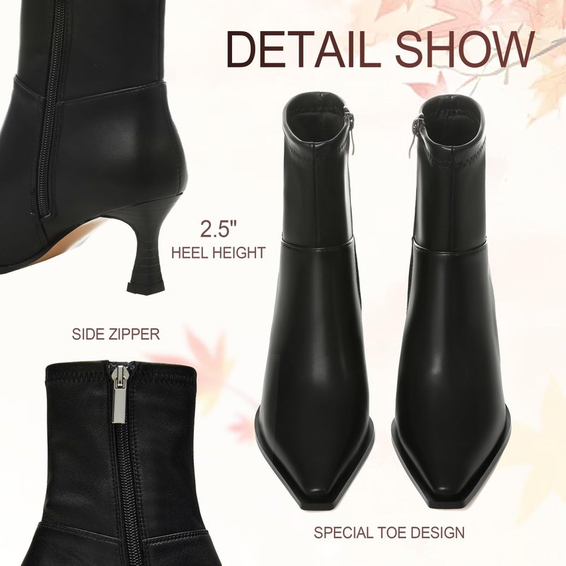 Atsroel Black Fall Booties Side Zip Mid Calf Boots Pointed Toe Ankle Heel Dressy Boots For Woman - Image 4