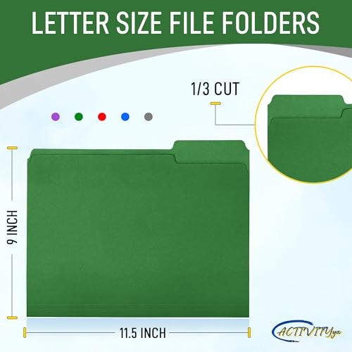 ACTIVITYYA Green File Folders, 1/3-Cut Tabs, Letter Size, 12-Pack – Durable Office Filing Folders for Documents, Papers, and Organization - Image 2