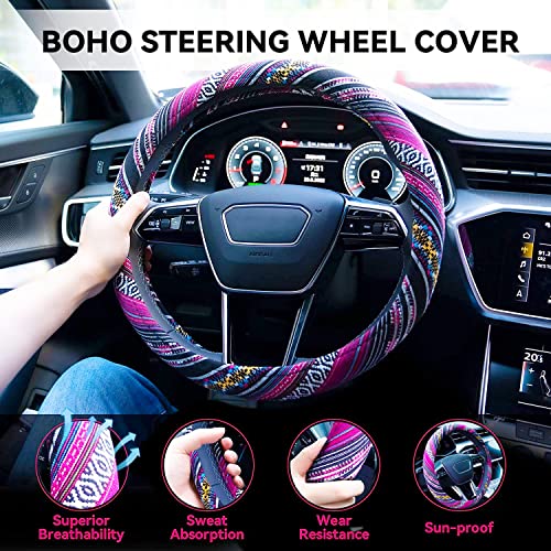 Limsas Boho Steering Wheel Cover Elastic Microfiber for Women, Universal Fit 15 inch Car SUV, Hippie Style Protector Cover, Anti-Slip, Breathable, Absorbing Sweat - 03 - Image 2