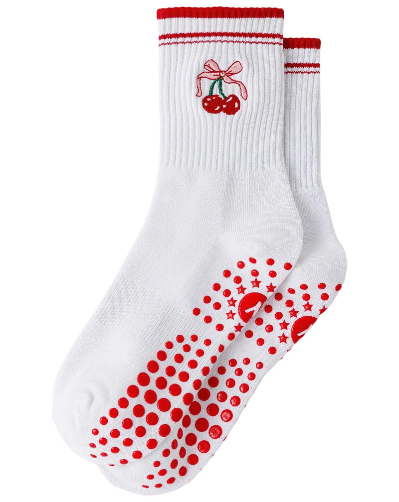 Yawlsow Pilates Grip Socks for Women Yoga Grippy Socks Cute Barre Non Skid Athletic Crew Sticky Sock Workout Hospital (US, Alpha, One Size, Regular, Regular, 1 Pack-Red -Cherry) - Image 1