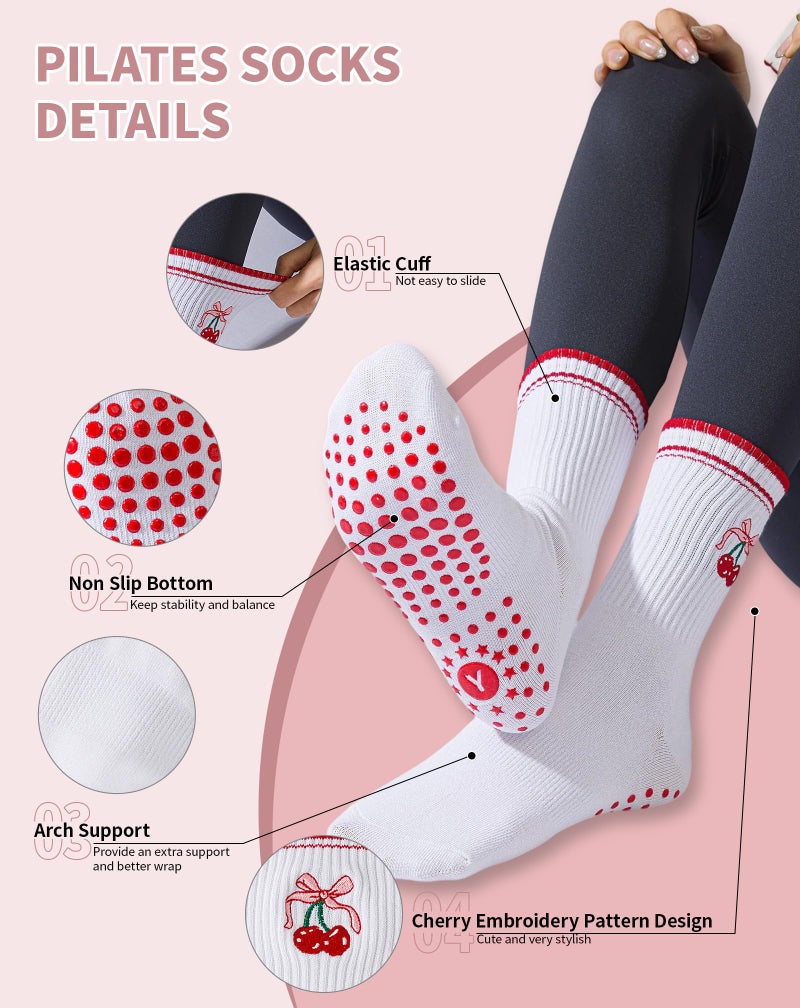 Yawlsow Pilates Grip Socks for Women Yoga Grippy Socks Cute Barre Non Skid Athletic Crew Sticky Sock Workout Hospital (US, Alpha, One Size, Regular, Regular, 1 Pack-Red -Cherry) - Image 4