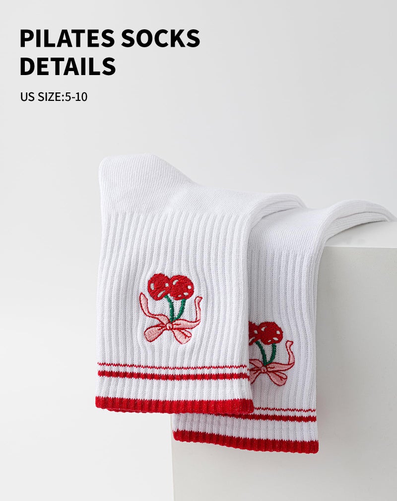 Yawlsow Pilates Grip Socks for Women Yoga Grippy Socks Cute Barre Non Skid Athletic Crew Sticky Sock Workout Hospital (US, Alpha, One Size, Regular, Regular, 1 Pack-Red -Cherry) - Image 5