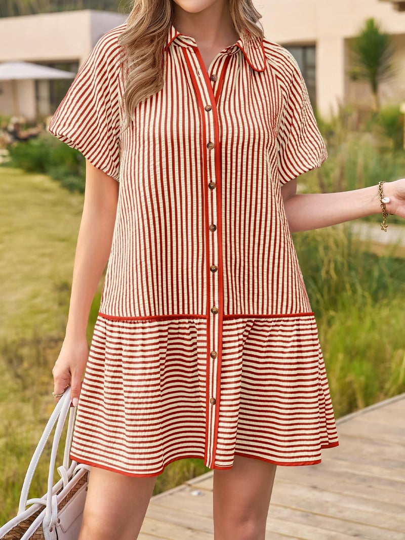 Wenrine Womens Summer Button Down Shirt Dress Casual Striped Puff Short Sleeve Collared Loose Mini Dresses with Pockets - Image 2