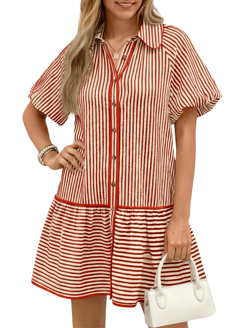Wenrine Womens Summer Button Down Shirt Dress Casual Striped Puff Short Sleeve Collared Loose Mini Dresses with Pockets - Image 1