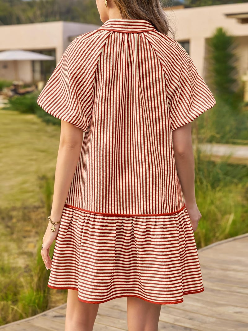 Wenrine Womens Summer Button Down Shirt Dress Casual Striped Puff Short Sleeve Collared Loose Mini Dresses with Pockets - Image 4