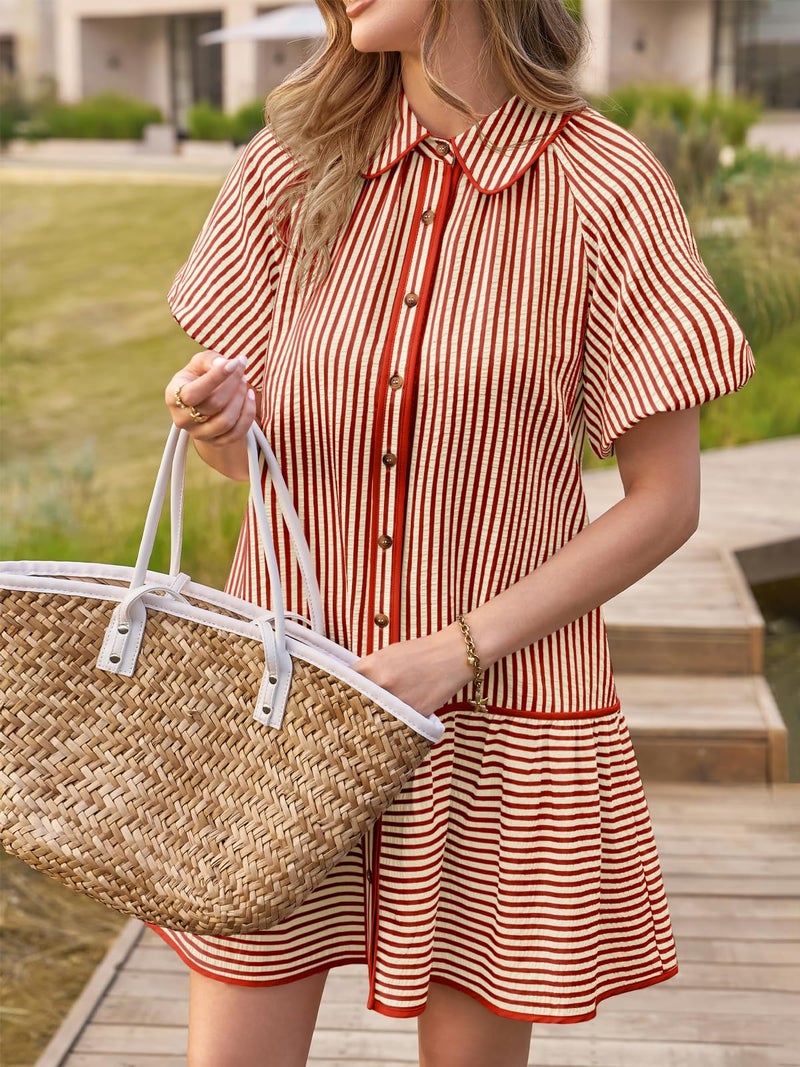 Wenrine Womens Summer Button Down Shirt Dress Casual Striped Puff Short Sleeve Collared Loose Mini Dresses with Pockets - Image 3