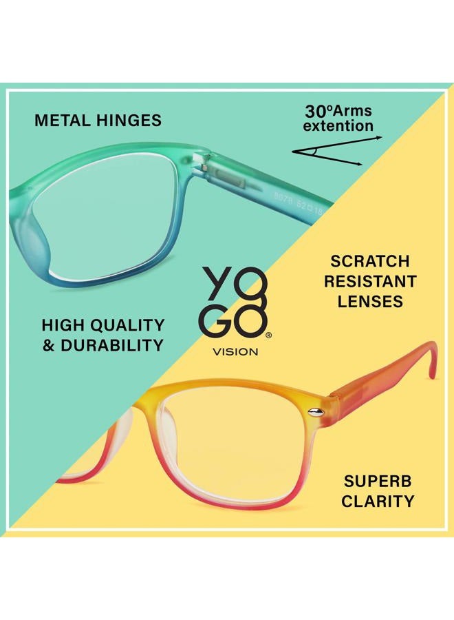 Yogo Vision Blue Light Reading Glasses for Men and Women Two Tone Havana Rectangle Readers Set of 5, 5 Pack: Yellow Orange Red, Teal Blue, Purple Pink, Yellow Orange Green, Blue Purple,, 52-18-142 - Image 4