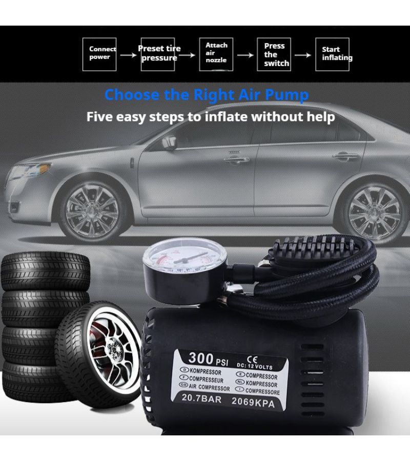 مضخة هواء محمولة 300 PSI تعمل بتيار 12 فولت لتزويد السيارات بالطاقة، نفاخ إطارات صغير للدراجات الهوائية والدراجات النارية والسيارات والكرات، مناسب للتخييم في الهواء الطلق - أسود. - Image 1