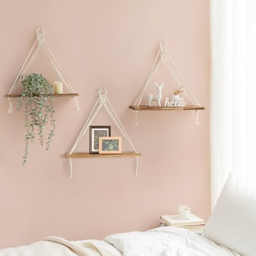 Mkono Macrame Hanging Shelves Boho Wall Decor Set of 3 Rustic Wood Floating Storage Shelf for Bedroom Bathroom Living Room Nursery Dorm Room Display Shelving for Hanging Plants Photos - Image 3