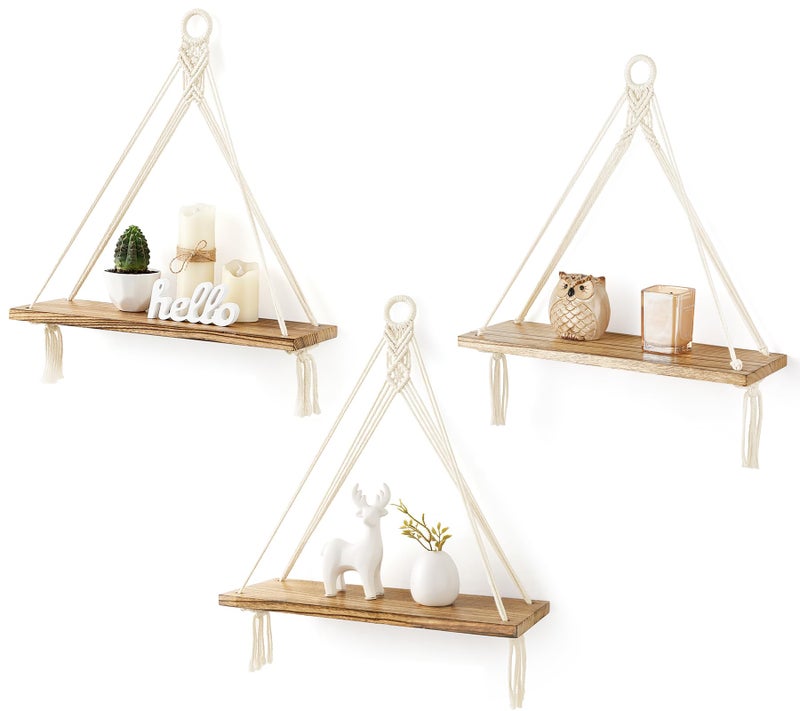 Mkono Macrame Hanging Shelves Boho Wall Decor Set of 3 Rustic Wood Floating Storage Shelf for Bedroom Bathroom Living Room Nursery Dorm Room Display Shelving for Hanging Plants Photos - Image 2