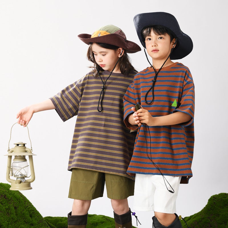 Vonbonkids Mountaineering Outdoor Sports Pure Cotton Kidsren'S Short-Sleeved Summer Pure Cotton Category A Stripesd Boys' T-Shirt Girls - Image 2