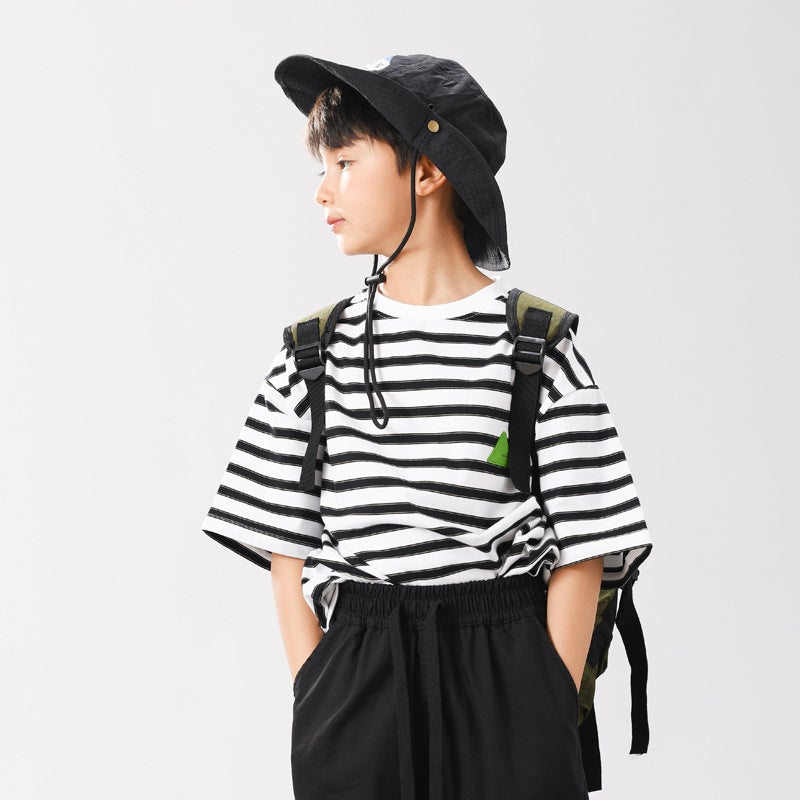 Vonbonkids Mountaineering Outdoor Sports Pure Cotton Kidsren'S Short-Sleeved Summer Pure Cotton Category A Stripesd Boys' T-Shirt Girls - Image 4