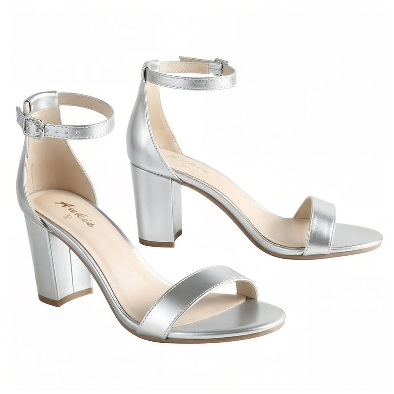 Ankis Sliver Heels for Women - Open Toe Ankle Strap Chunky Heel Pump Sandals Party Wedding Strappy Buckle Sandals 2.75 Inches - Image 1