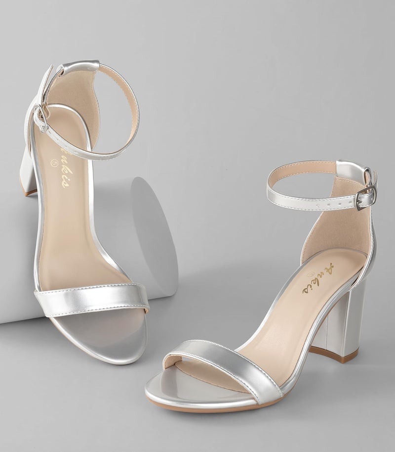 Ankis Sliver Heels for Women - Open Toe Ankle Strap Chunky Heel Pump Sandals Party Wedding Strappy Buckle Sandals 2.75 Inches - Image 3