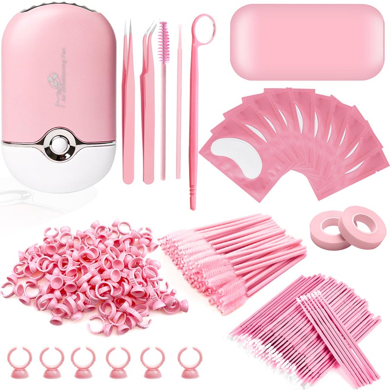 QUKLOGEN 267 PCS Eyelash Extension Supplies Lash Extension Kit USB Air Conditioning Blower,Silicone Pad,Under Eye Gel Pads,Mini Makeup Mirror,Tapes,Tweezers,Glue Rings,Eyelash Brushes,Mini Applicator 