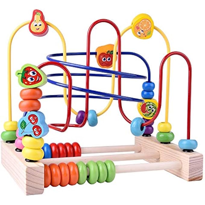 ASSEMBLED BEADS AROUND CIRCLE BEAD MAZE EDUCATIONAL SKILL IMPROVEMENT WOOD FOR KIDS, TODDLERS, BABIES COLORFUL (FRUIT) - Image 1