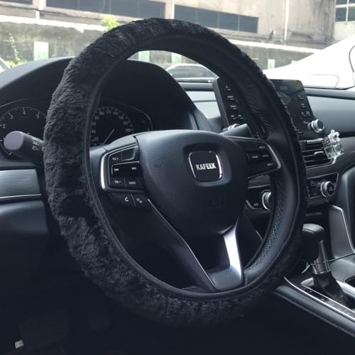 KAFEEK Elastic Long Microfiber Plush Steering Wheel Cover for Winter Warm, Universal 15 inch, Anti-Slip, Odorless, Black - Image 1