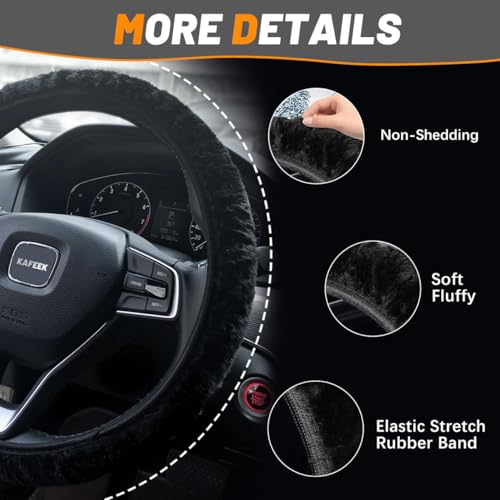 KAFEEK Elastic Long Microfiber Plush Steering Wheel Cover for Winter Warm, Universal 15 inch, Anti-Slip, Odorless, Black - Image 5