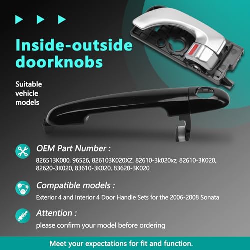 Gaogsiy 8PCS Interior Door Handles and Exterior Door Handles fits Sonata 2005 2006 2007 2008, Front and Rear Side Replace 826103K020XZ，82610-3K020, - Image 2