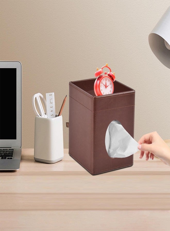 XNONE Tissue Box Cover Square Kleenex Box Holder PU Leather Facial Tissue Organizer with Storage Tray for Bathroom Vanity Bedroom Office Car, Stylish Napkin Caddy Decorative Organizer (Brown) - Image 4