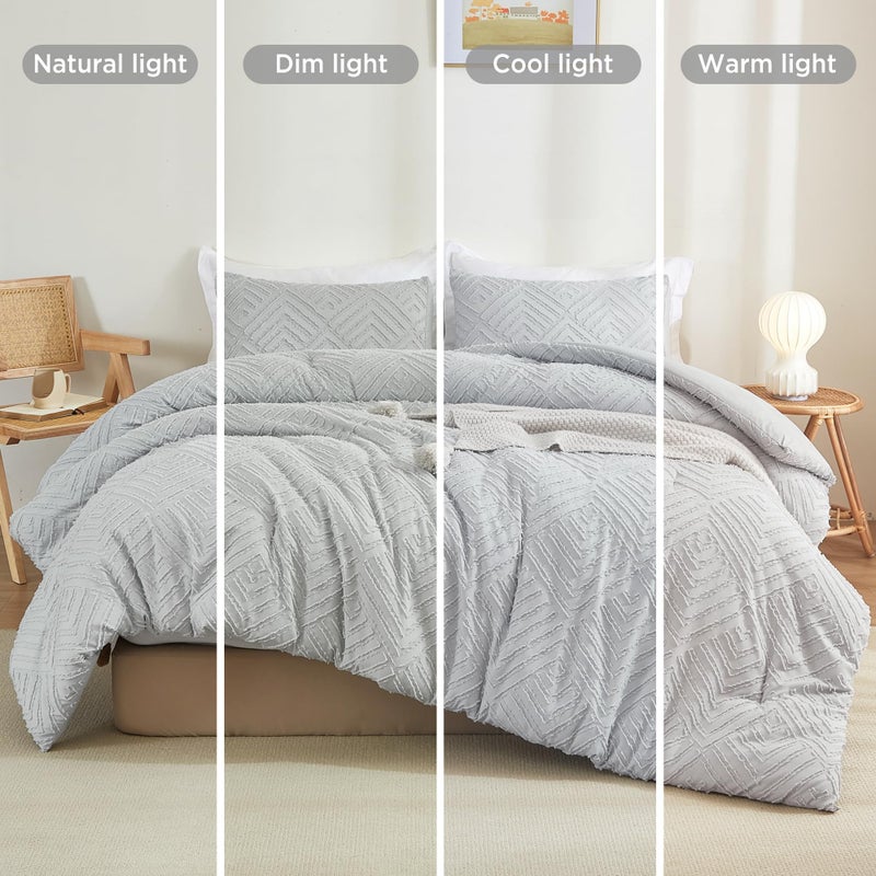 Litanika Light Grey Full Comforter Set  3 Pieces Tufted Boho Farmhouse Bedding Comforter Sets  Lightweight Fluffy Comforter Bed Set For All Season (79X90In Comforter And 2 Pillowcases) - Image 5