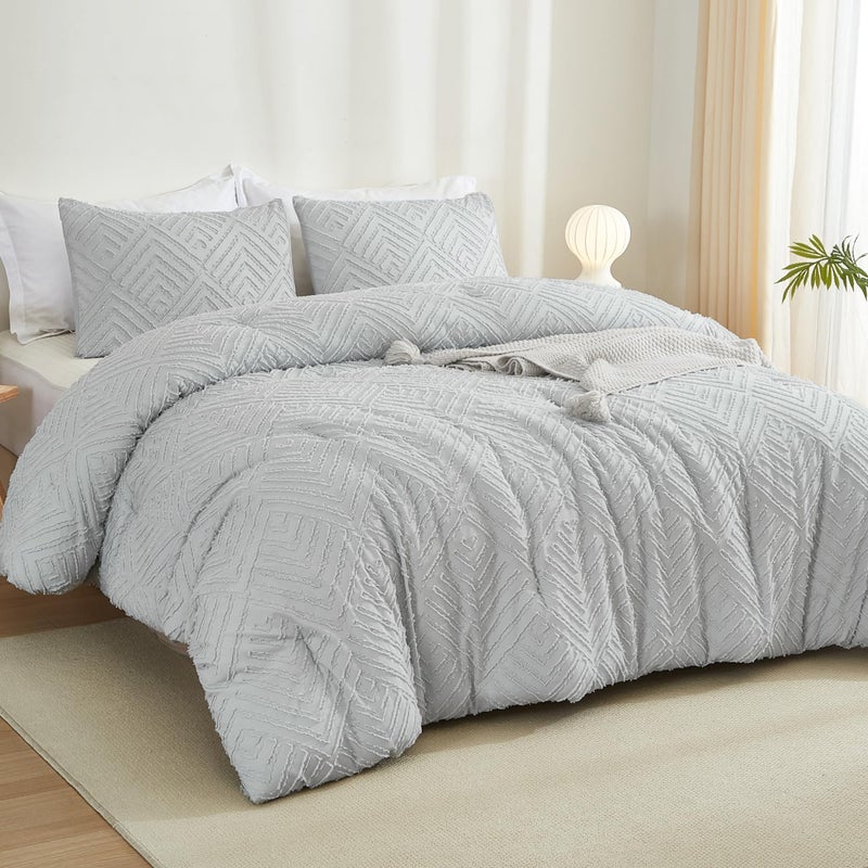 Litanika Light Grey Full Comforter Set  3 Pieces Tufted Boho Farmhouse Bedding Comforter Sets  Lightweight Fluffy Comforter Bed Set For All Season (79X90In Comforter And 2 Pillowcases) - Image 2
