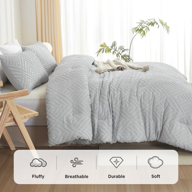 Litanika Light Grey Full Comforter Set  3 Pieces Tufted Boho Farmhouse Bedding Comforter Sets  Lightweight Fluffy Comforter Bed Set For All Season (79X90In Comforter And 2 Pillowcases) - Image 3