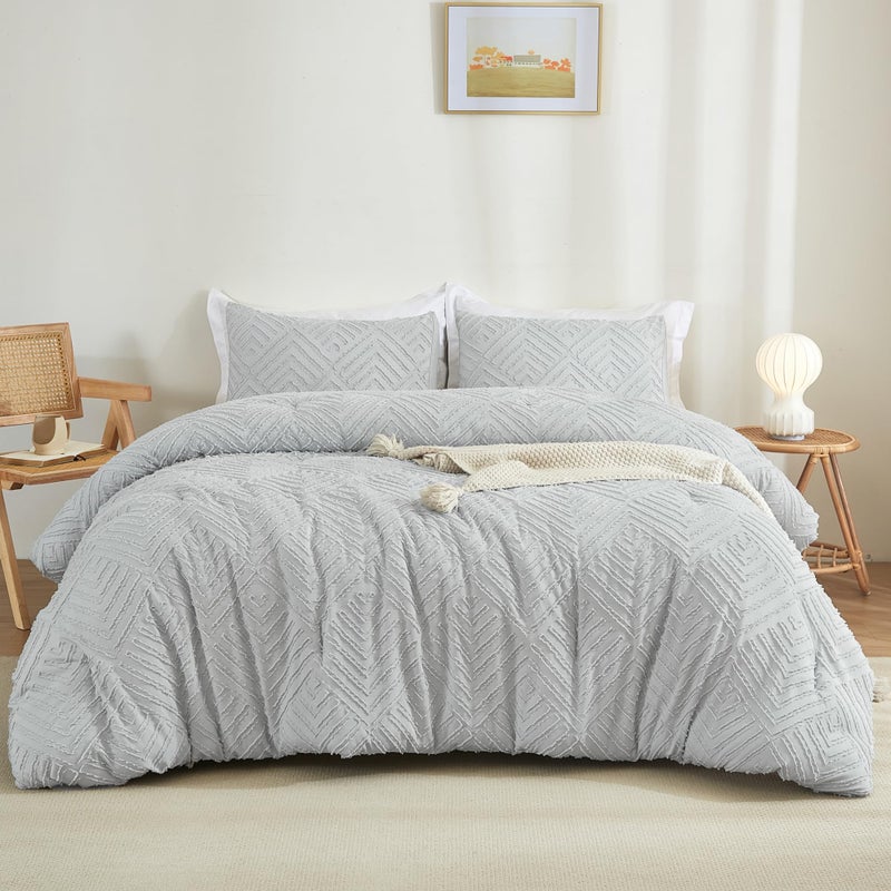 Litanika Light Grey Full Comforter Set  3 Pieces Tufted Boho Farmhouse Bedding Comforter Sets  Lightweight Fluffy Comforter Bed Set For All Season (79X90In Comforter And 2 Pillowcases) - Image 1