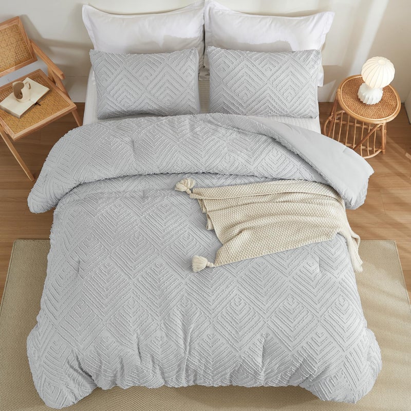 Litanika Light Grey Full Comforter Set  3 Pieces Tufted Boho Farmhouse Bedding Comforter Sets  Lightweight Fluffy Comforter Bed Set For All Season (79X90In Comforter And 2 Pillowcases) - Image 4