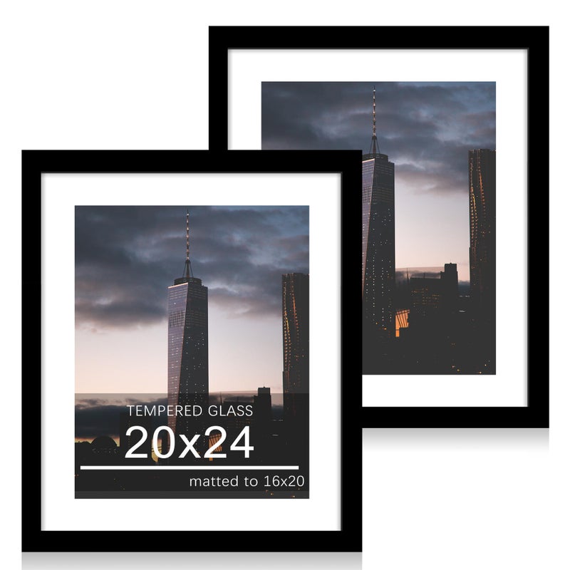 ccdcc 20x24 Picture Frame Set of 2, 20 x 24 Wood Poster Frames with Mat for 16x20, Wooden Photo Frames with Tempered Glass Cover for Wall Display,Black - Image 1