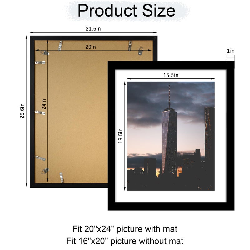 ccdcc 20x24 Picture Frame Set of 2, 20 x 24 Wood Poster Frames with Mat for 16x20, Wooden Photo Frames with Tempered Glass Cover for Wall Display,Black - Image 4