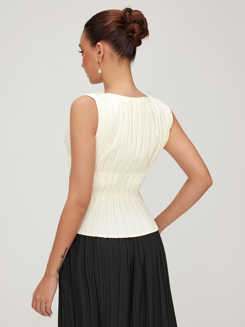 CIDER Bow Tie Front Tops Women Sleeveless Pleated Deep V Neck Tank Tops Going Out Casual Blouse Cute Trendy Shirts Beige - Image 4