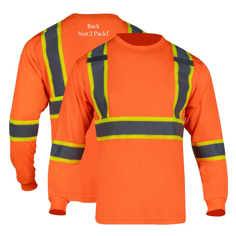 FONIRRA Long Sleeve Safety T Shirt Reflective High Visibility Construction Work Shirts ANSI Class 3 for Men(Orange,L)