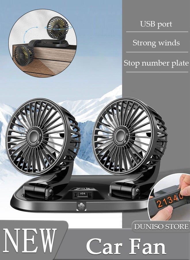 DUNISO Car Fan Dual Head USB Fan for Car with Powerful Cooling, 360°Adjustable Car Cooling Fan with Number Plate Adjustable 2 Gear Wind Powerful Dashboard Cooler Fan for Car Home Office - Image 1