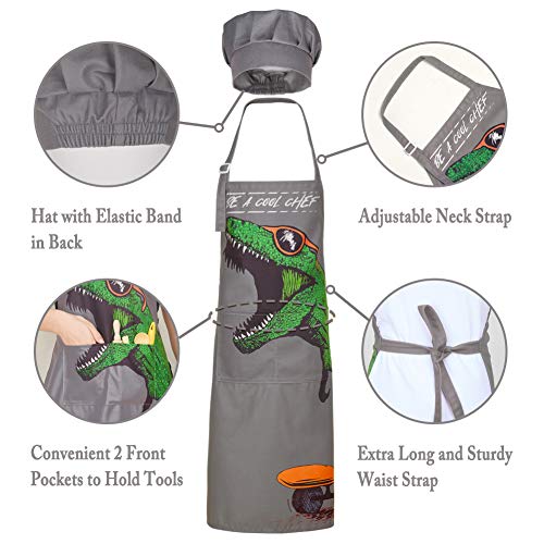 MHJY Kids Apron and Chef Hat for Boys Dinosaur Adjustable Child Aprons with Pockets for Cooking Baking Painting 3-12 Years - Image 2