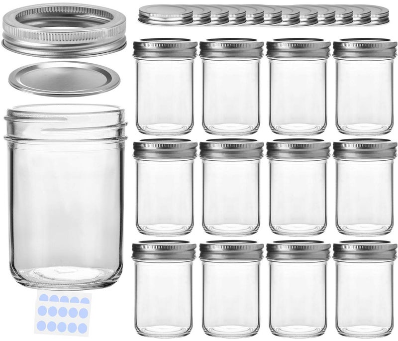 KAMOTA DIY Glass Mason Jars With Bands, 8 oz, Ideal for Jam, Spice, Honey, Wedding , Shower Favors, 12 PACK, Extra 12 Regular Lids & 20 Whiteboard Labels - Image 1
