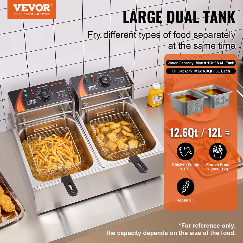 VEVOR قلاية عميقة تجارية من VEVOR، قلاية كهربائية مزدوجة بسعة 3000 واط مع سلة، 2 × 9.1Qt/8.6L قلاية زيت مزدوجة من الفولاذ المقاوم للصدأ، مع تحكم في درجة الحرارة وحماية من السخونة الزائدة، للاستخدام في المطابخ والمطاعم. - Image 2